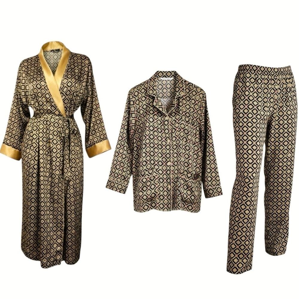 Vintage Victoria's Secret 3pc Pajama Set Y2K Pink Heart Tag Geometric Robe M